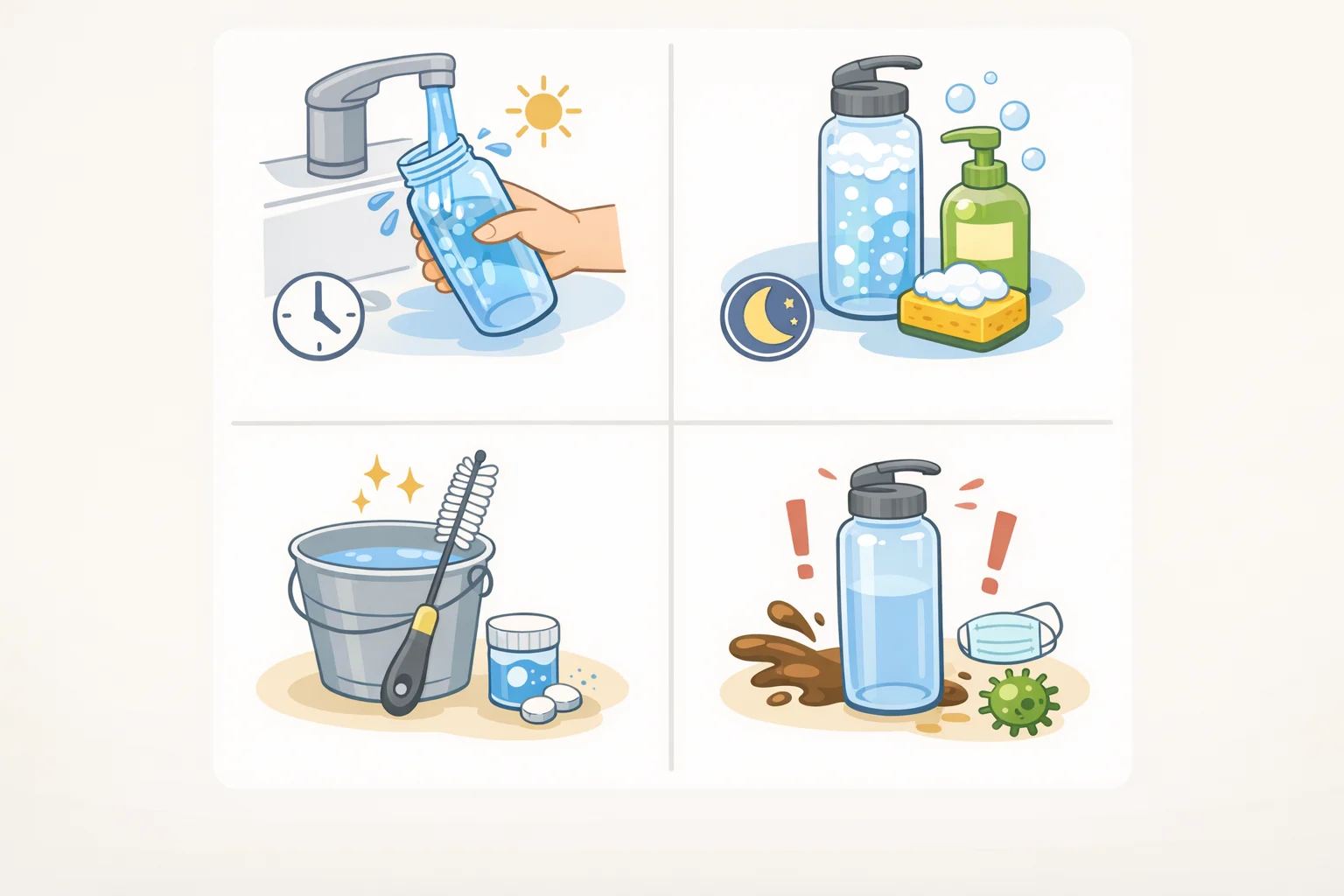 Decision chart for how often should you wash your water bottle: rinse after every use, wash with soap at the end of each day, deep-clean once a week, and wash immediately after workouts, flavored drinks, or sharing