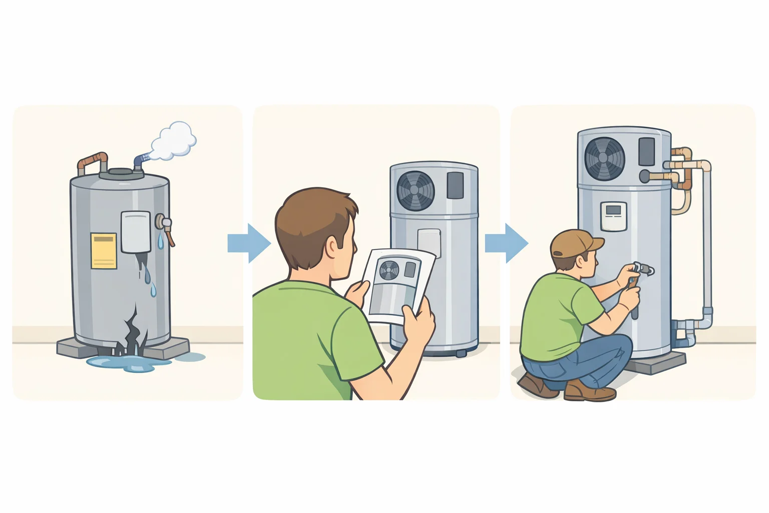 Illustration of a heat pump water heater being installed in place of a failing water heater to reduce household energy costs