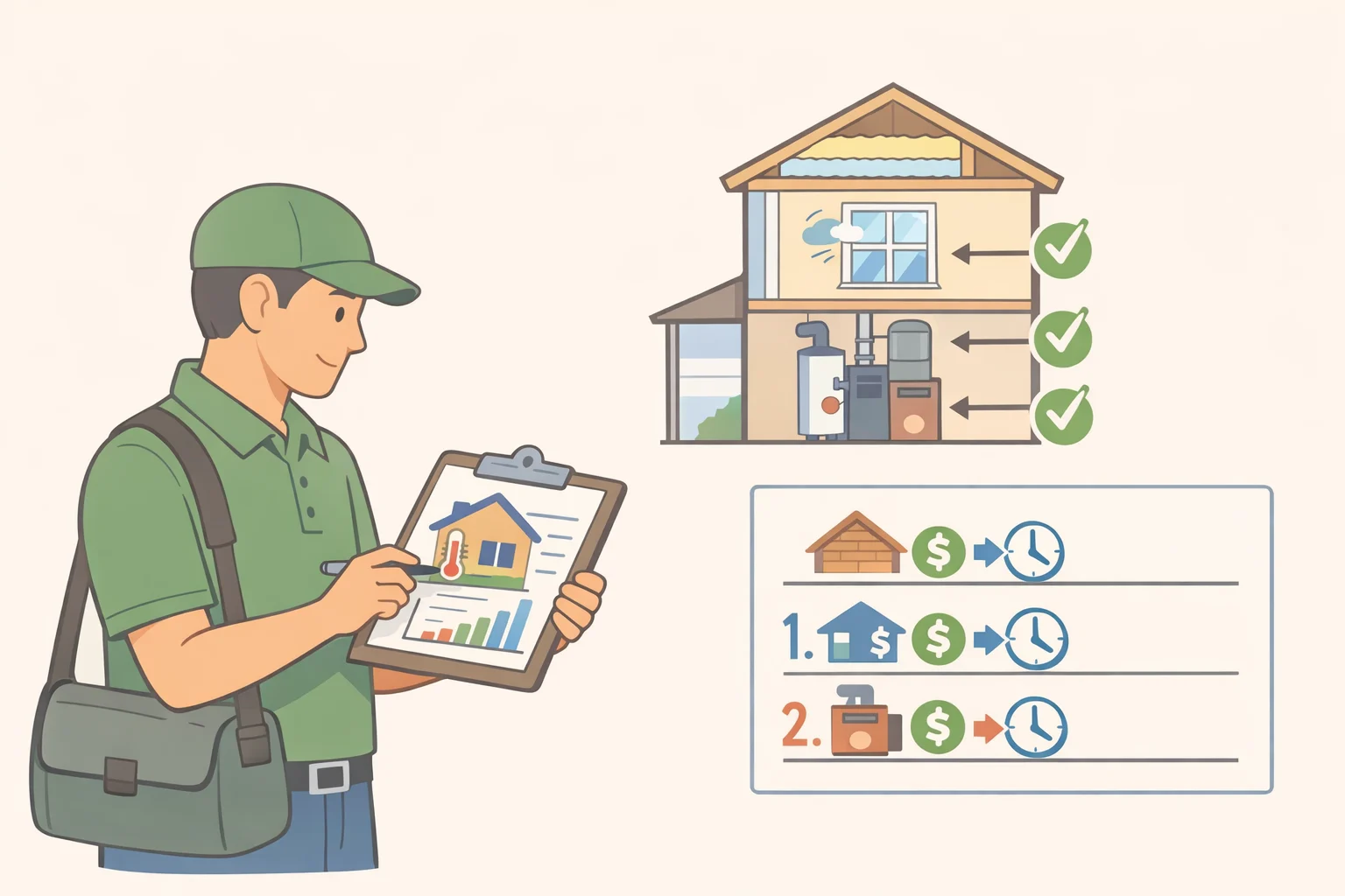 Illustration of a professional home energy assessment showing prioritized retrofit recommendations and payback estimates for insulation and air sealing