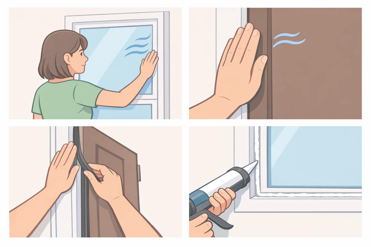 Illustration of how to save money on energy bills at home by checking door and window frames for drafts and sealing gaps with weatherstripping and caulk