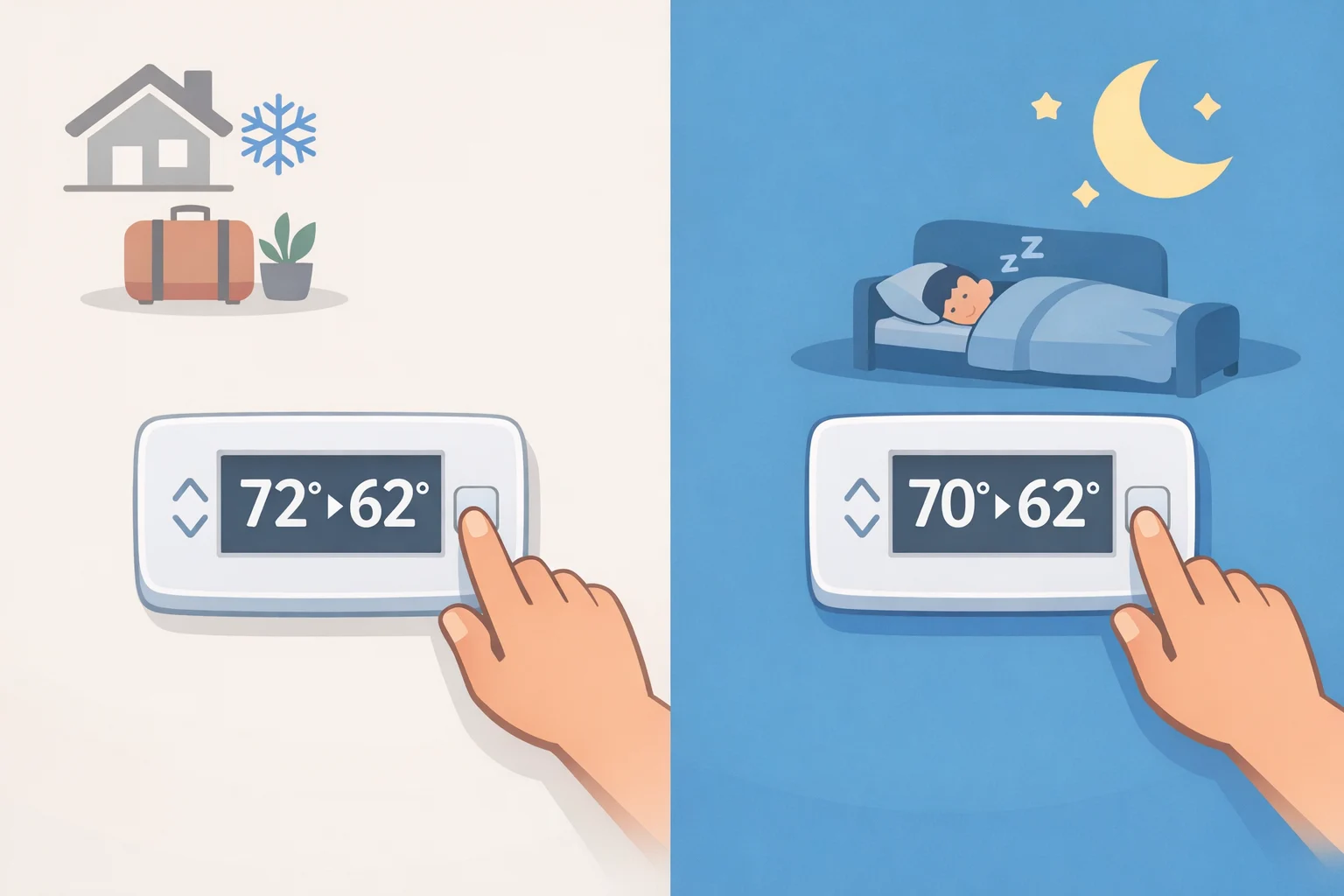 Illustration of a thermostat being adjusted to lower the set point during winter when no one is home and overnight