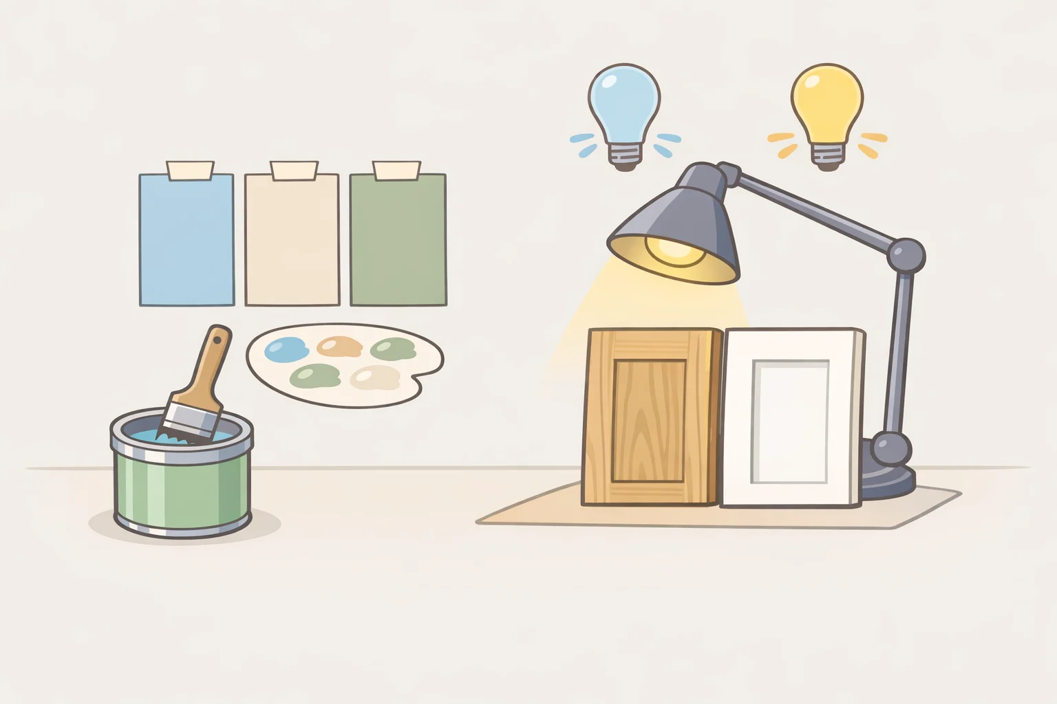 A homeowner sampling cashmere kitchen paint swatches on a cabinet panel and checking the finish under 2700K–3000K bulbs to confirm undertones and texture
