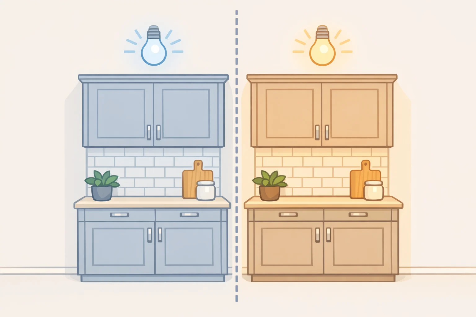 Side-by-side view of kitchen cabinets under cool light versus 2700K–3000K warm-white lighting showing how warm neutrals stay creamy and stone remains true