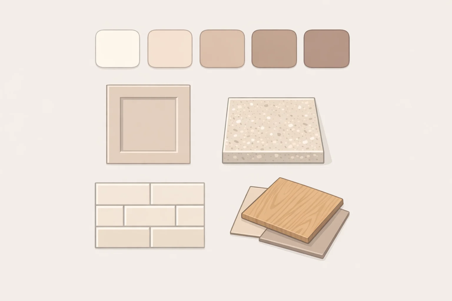 Close-up of warm off-white, creamy taupe, and latte-toned cabinets paired with stone veining, unlacquered brass hardware, and stained wood graincapturing the cashmere kitchen trend look