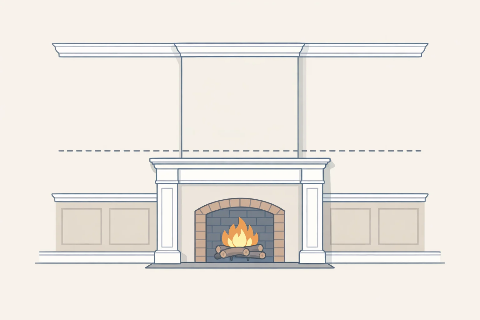 Illustration of a historic living room elevation highlighting the fireplace, mantelpieces, and chimney breast, with mantel height and surround materials aligned to ceiling height and existing trim profiles