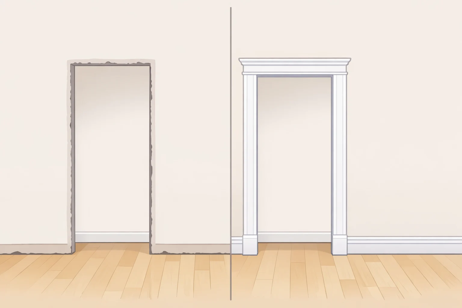Side-by-side wall section detail showing historic door and window trim, baseboards, picture rails, and cornices preserved versus removed, demonstrating why historic home architectural elements to preserve must be kept as a coherent system