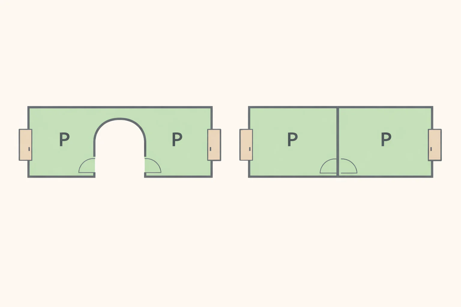 Diagram of a historic house floor plan where the open archway links front and back parlors, illustrating how closing the passage changes the spatial sequence and the role of ceiling height in primary rooms