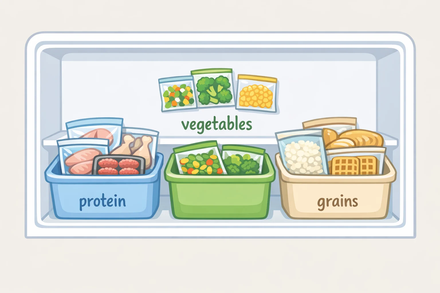 Illustration of a freezer organization system for healthy frozen food hacks for busy nights, with separate bins for plain frozen protein, vegetables, and whole-grain options