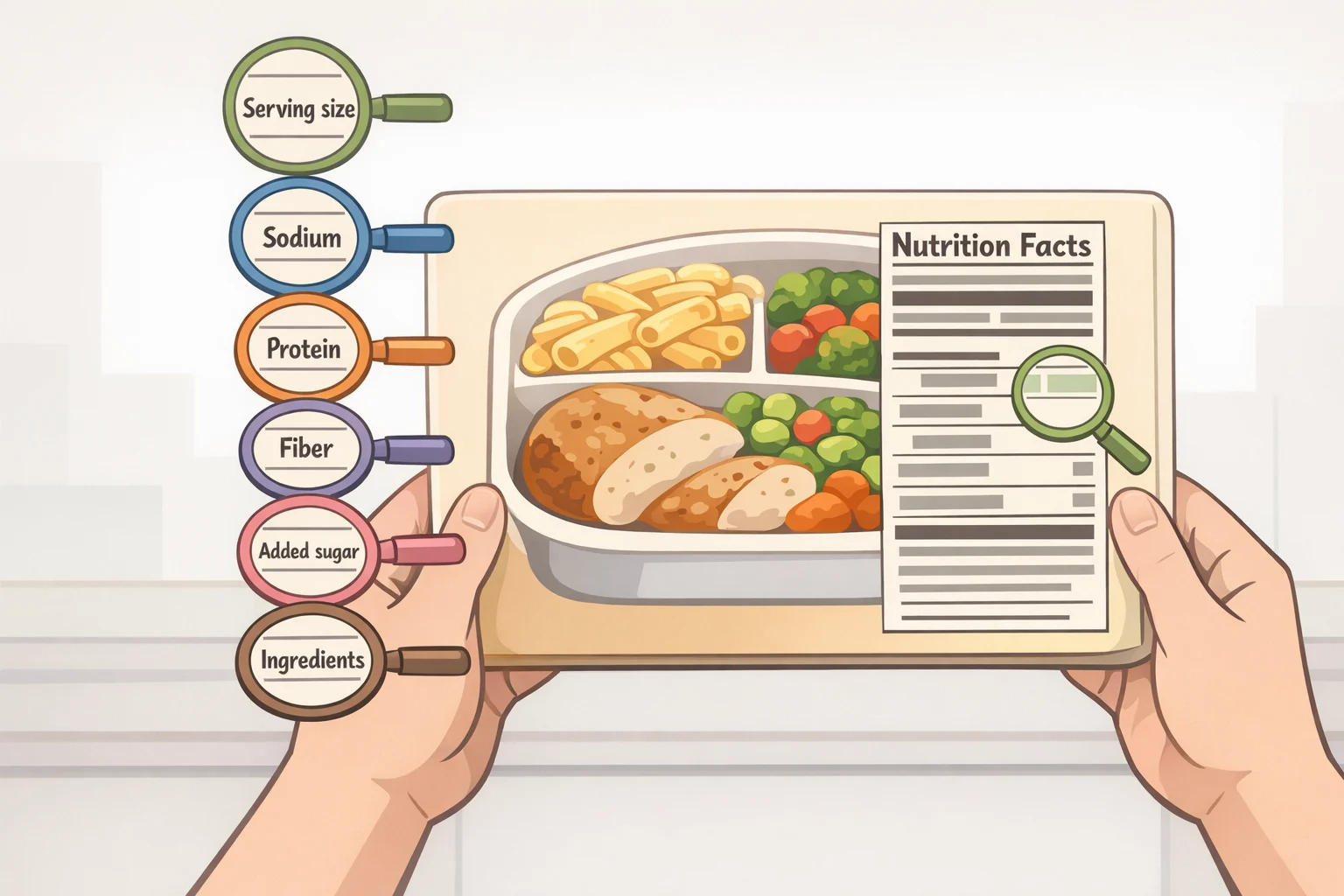 Illustration of a frozen meal package label with serving size, sodium under 600 mg, protein and fiber targets, added sugar, and ingredient list marked for quick screening