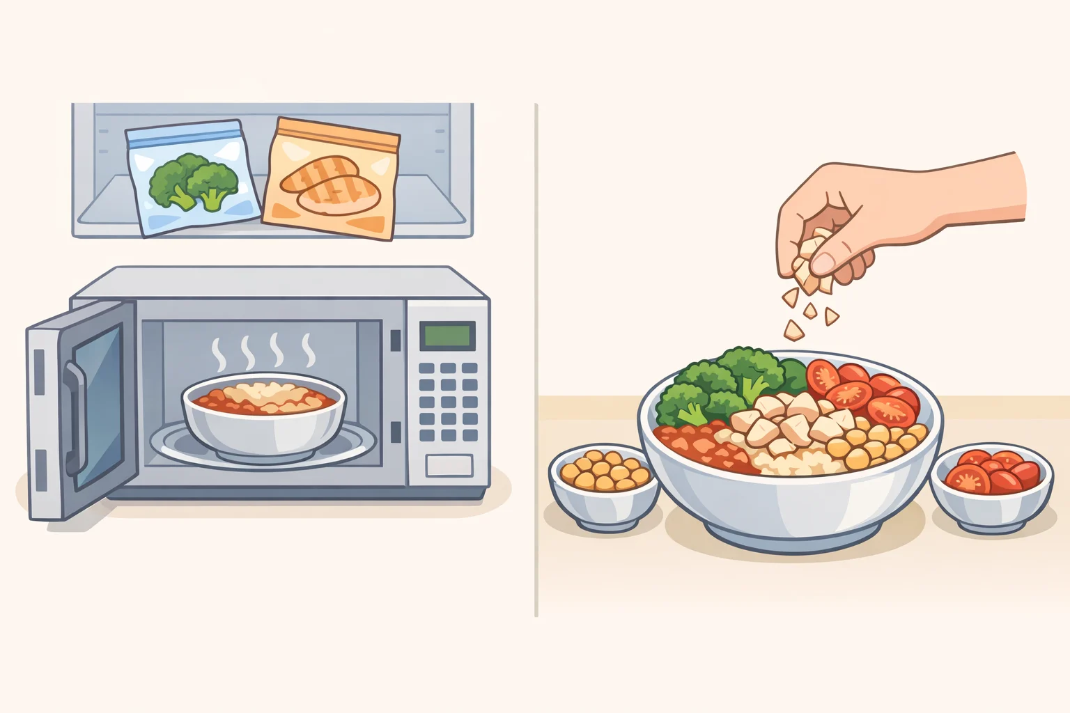 Illustration of a grain-bowl frozen entrée upgraded with added frozen broccoli or spinach and extra protein (like edamame or a hard-boiled egg) to increase fiber and fullness