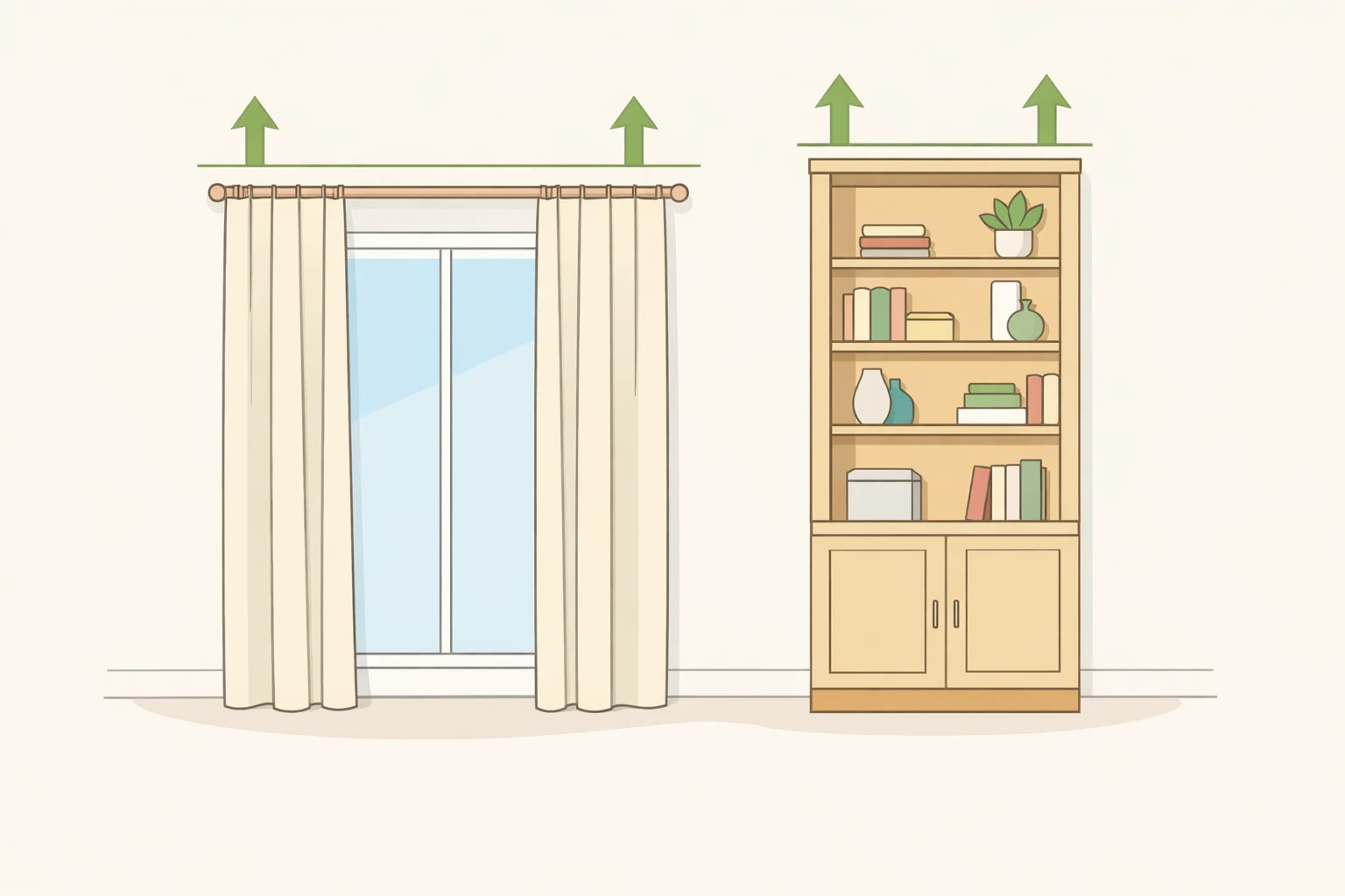 Illustration of ceiling-height curtains and full-height shelving that pull the eye upward in a small room