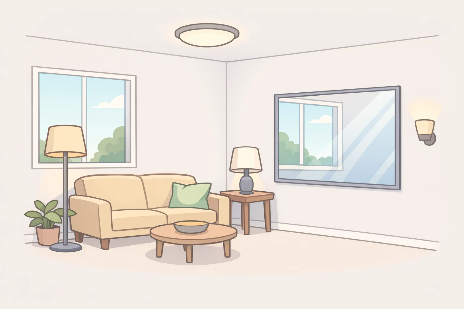Illustration of warm layered lamps and a large mirror directly opposite a window to brighten corners and extend depth in a small room