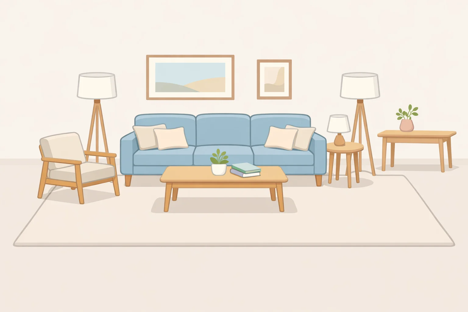 Diagram of small-room furniture with exposed legs and a large rug that nearly fills the floor to keep sightlines open