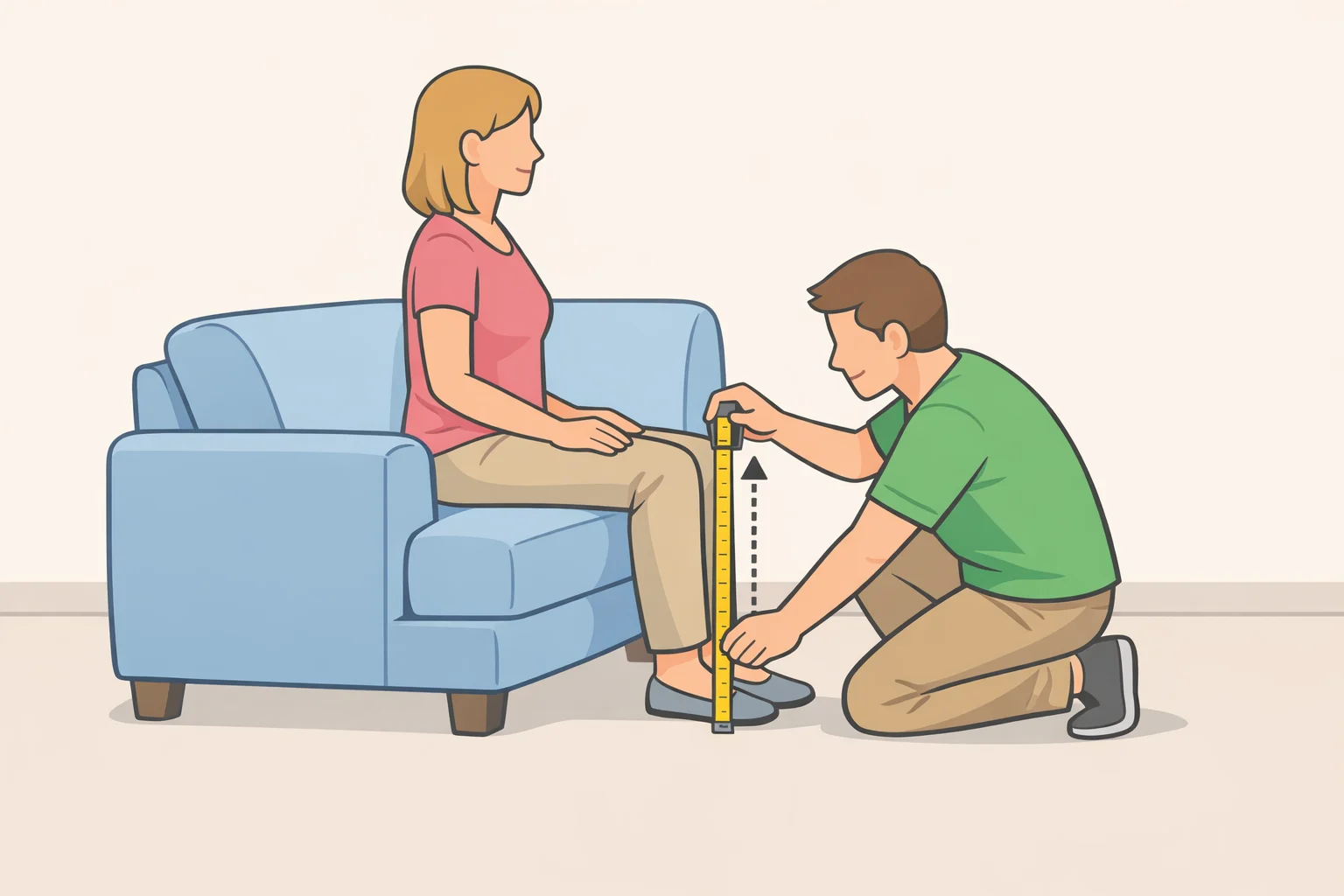 Guide for how to choose a comfortable sofa for elderly parents: measuring floor-to-seat cushion height under full body weight at hip level while seated fully back