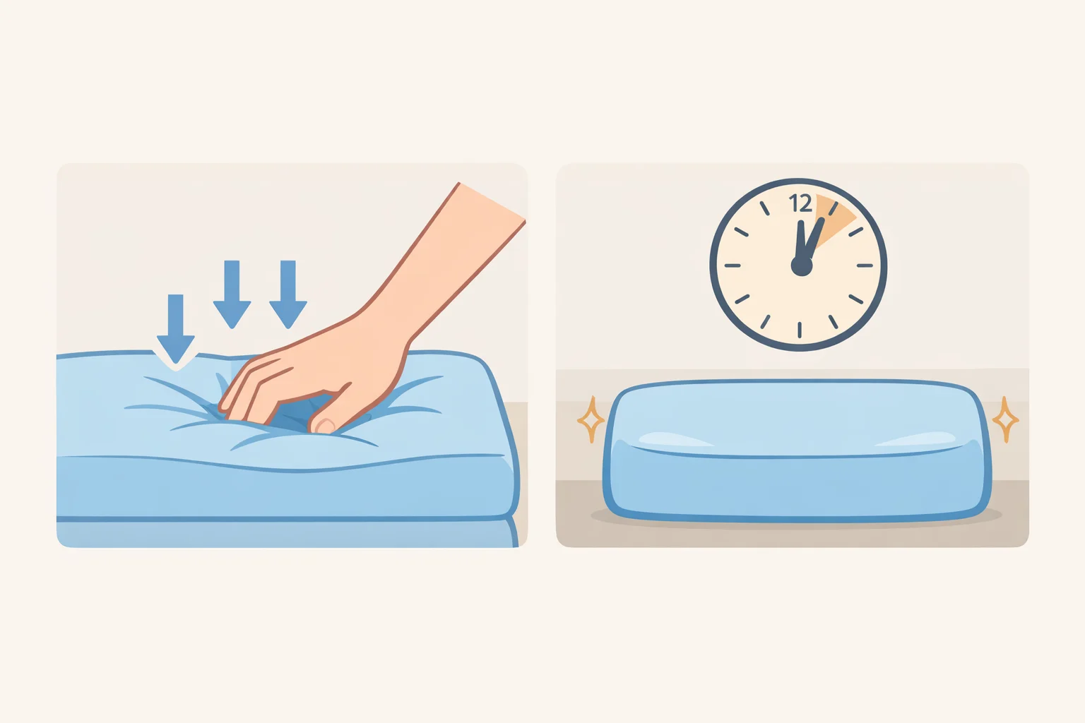 A shopper presses a sofa cushion firmly in a showroom and checks whether it springs back quickly to indicate supportive medium foam for elderly comfort