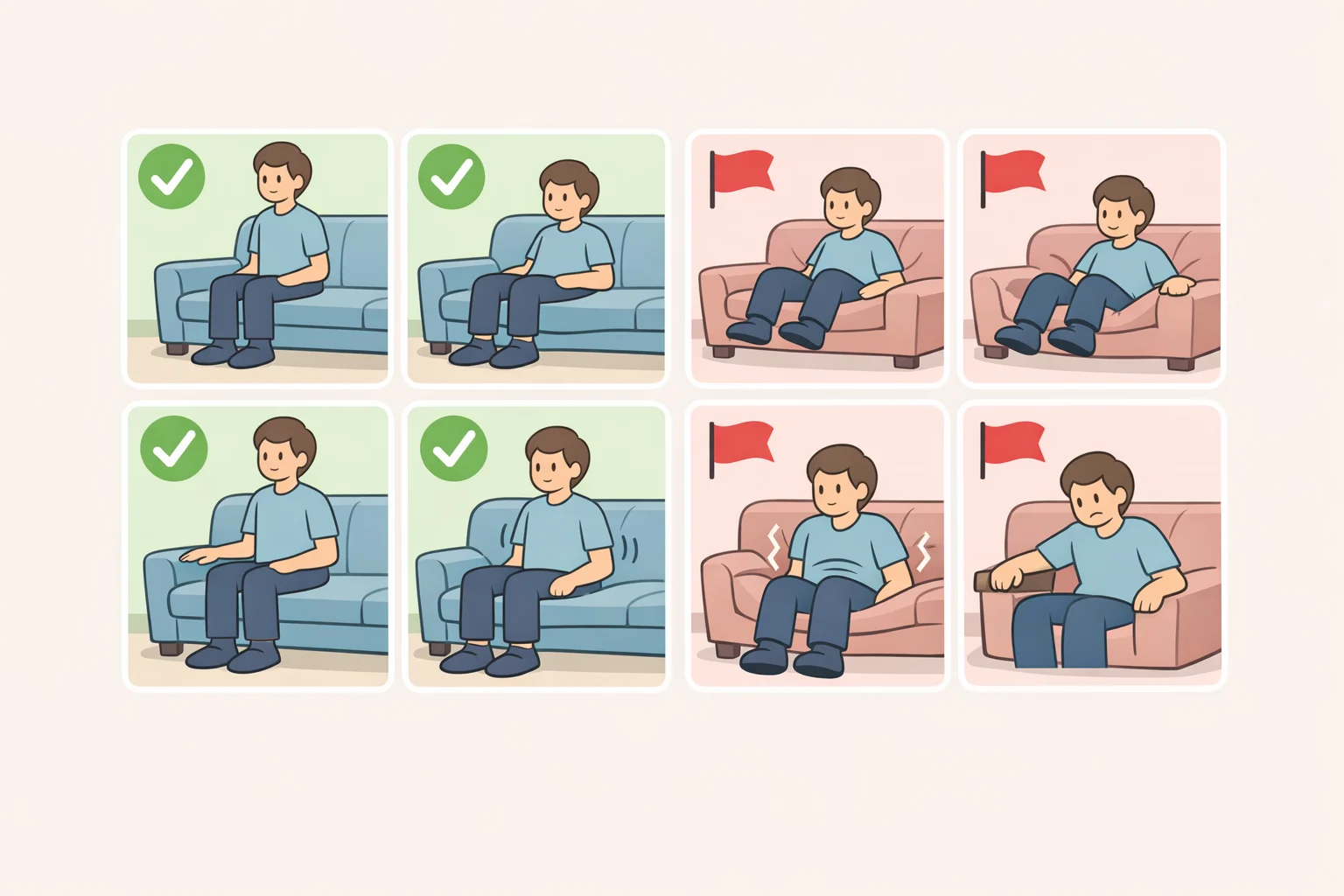 Two-column checklist showing green-light comfort cues and red-flag problems during a 15-minute sofa test for older adults