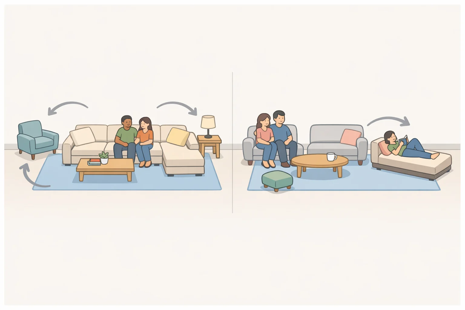 Side-by-side room mockups comparing a modular sofa with detachable ottoman versus a smaller fainting couch/daybed-style lounger for compact layouts and chaise sofa alternatives