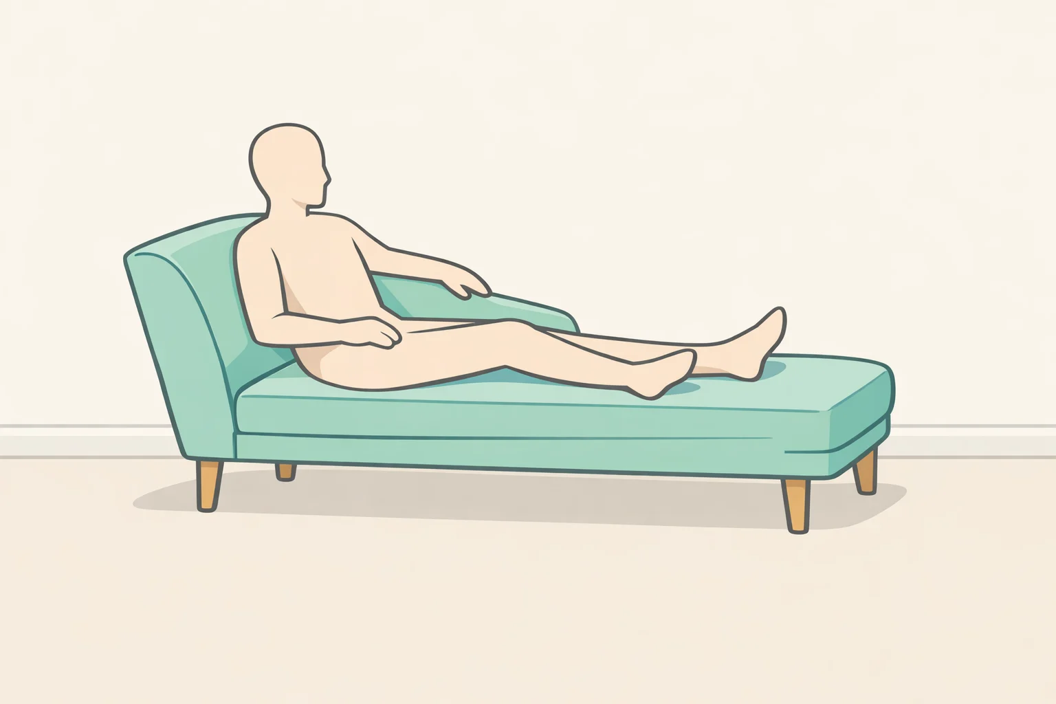 Diagram showing the one-sided backrest of a fainting couch (recamier-style) with a person stretching out while keeping the rest of the room open