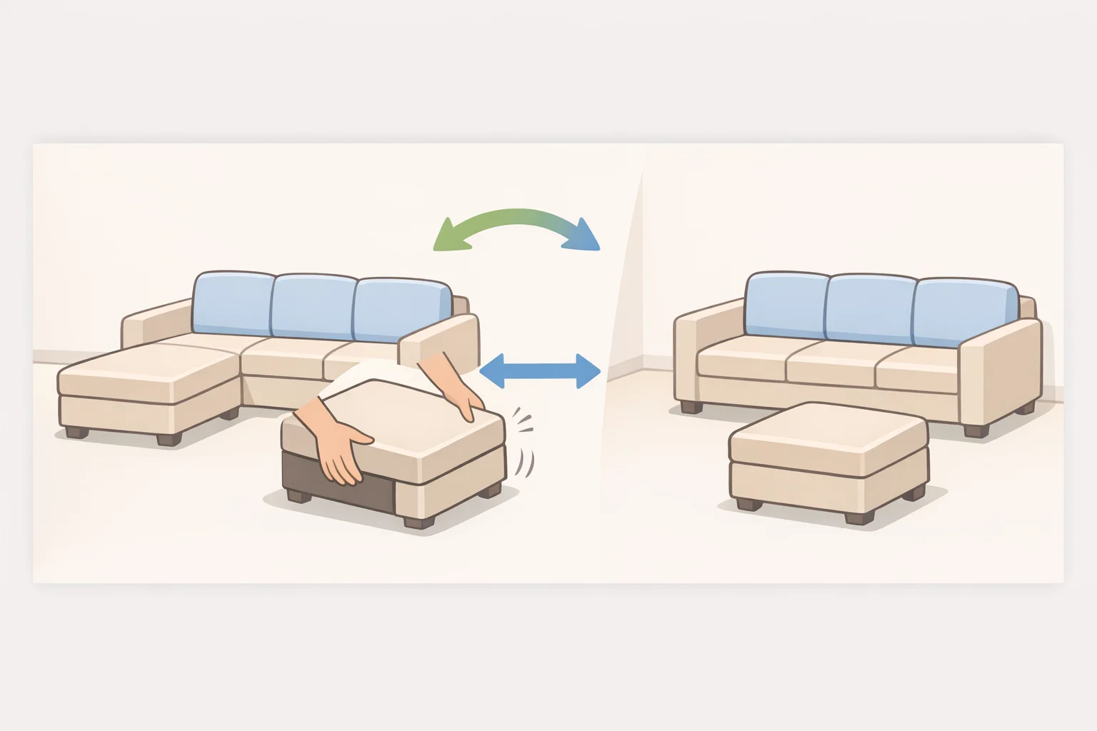 Illustration of a modular sofa where a matching ottoman slides flush for near-chaise lounging, then pulls away to function as a separate footrest or extra seat