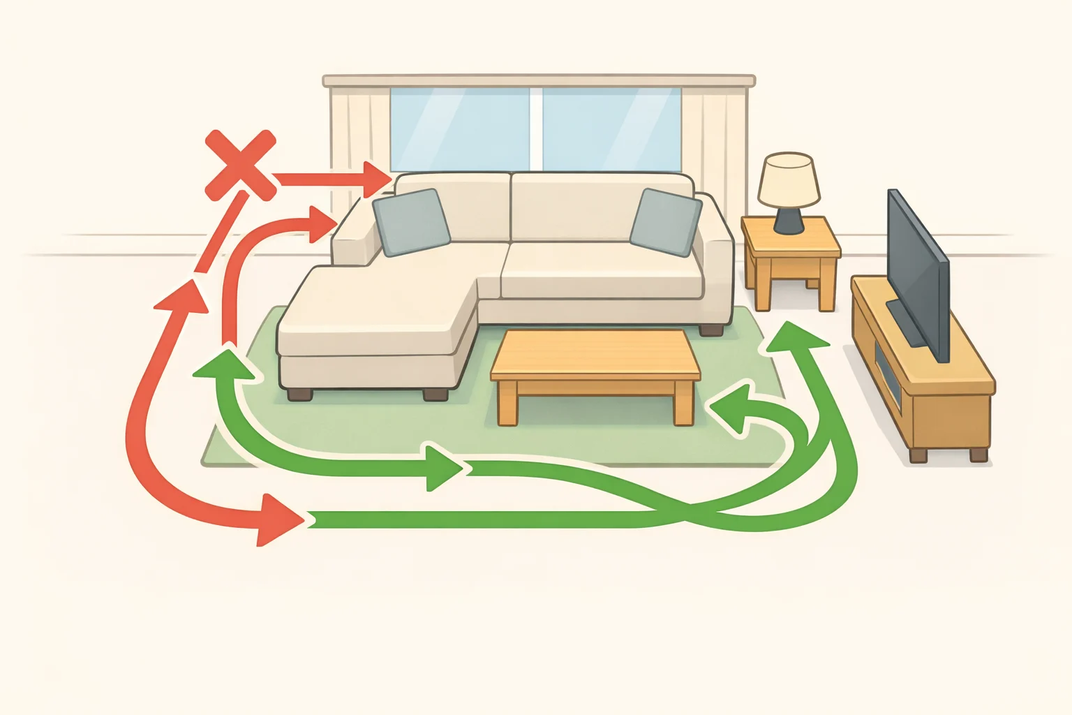 Floor plan illustration showing how a fixed chaise sofa can block the main entry-to-kitchen traffic path and sit in front of a window, reducing usable clearance
