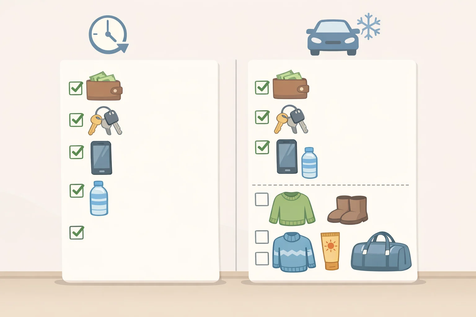 Illustration of a two-tier departure checklist organizing under-15-minute essentials versus longer-trip and winter add-ons for home safety