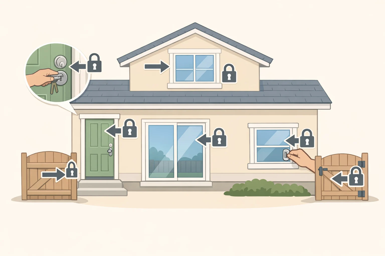 Illustration of a home exterior labeling the front door, back door, garage entry door, side gate, and ground-floor windows for a home safety checklist before vacation