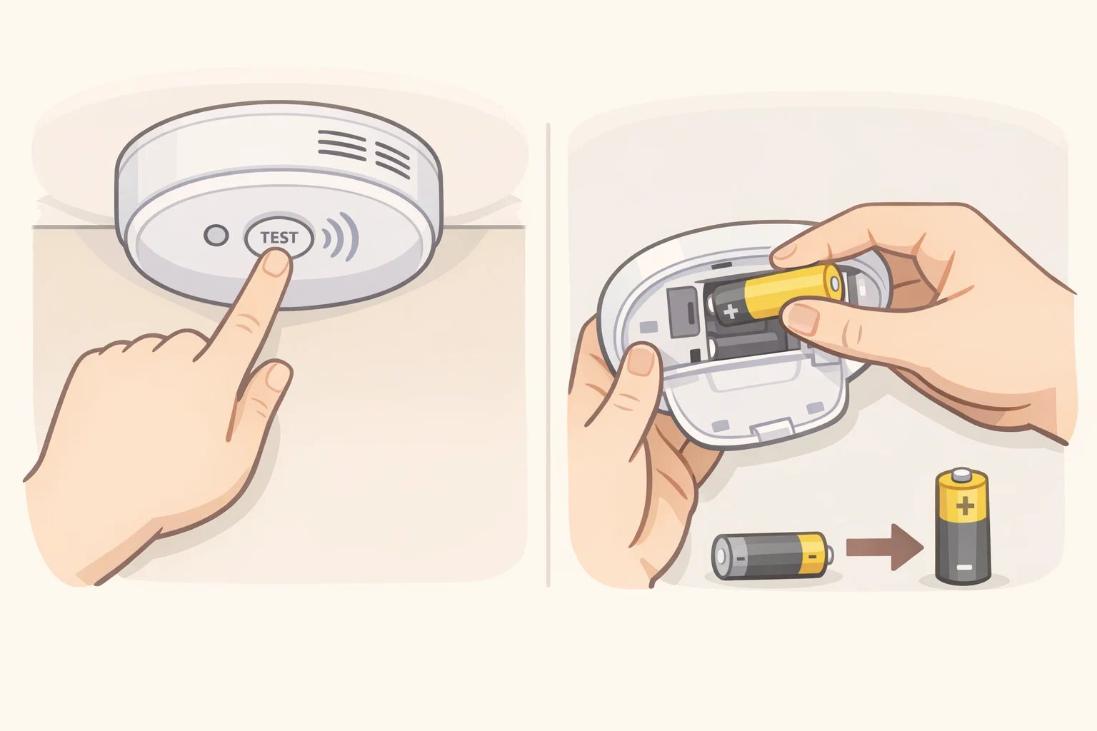 Illustration of a homeowner testing smoke and carbon monoxide detectors, with a battery-low warning turned into a properly functioning status