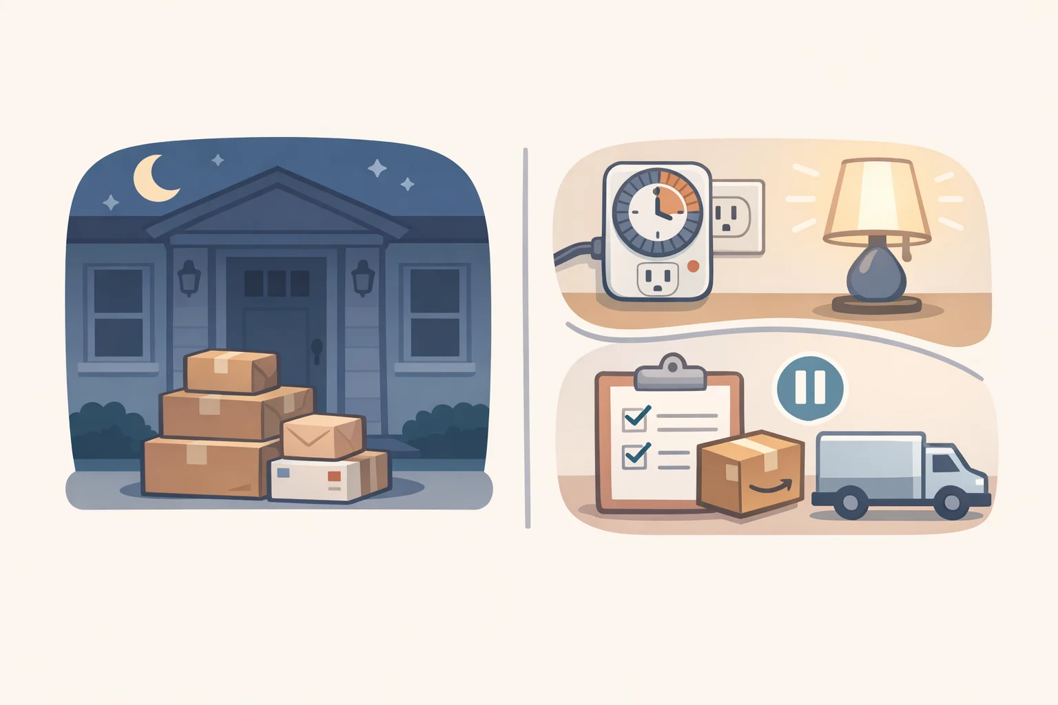 Illustration of a house with porch packages and dark windows flagged as absence signals, paired with light timers and a package hold plan