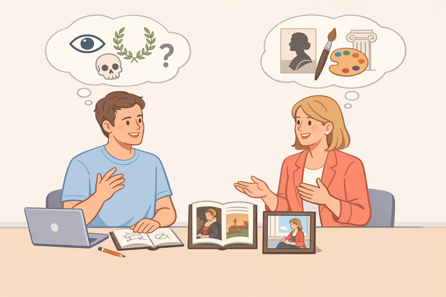 Two presenters on a studio interview screen representing Milan Madge and Stephanie Auer discussing Gustav Klimt's symbolism and ornamentation for the LEGO Art adaptation