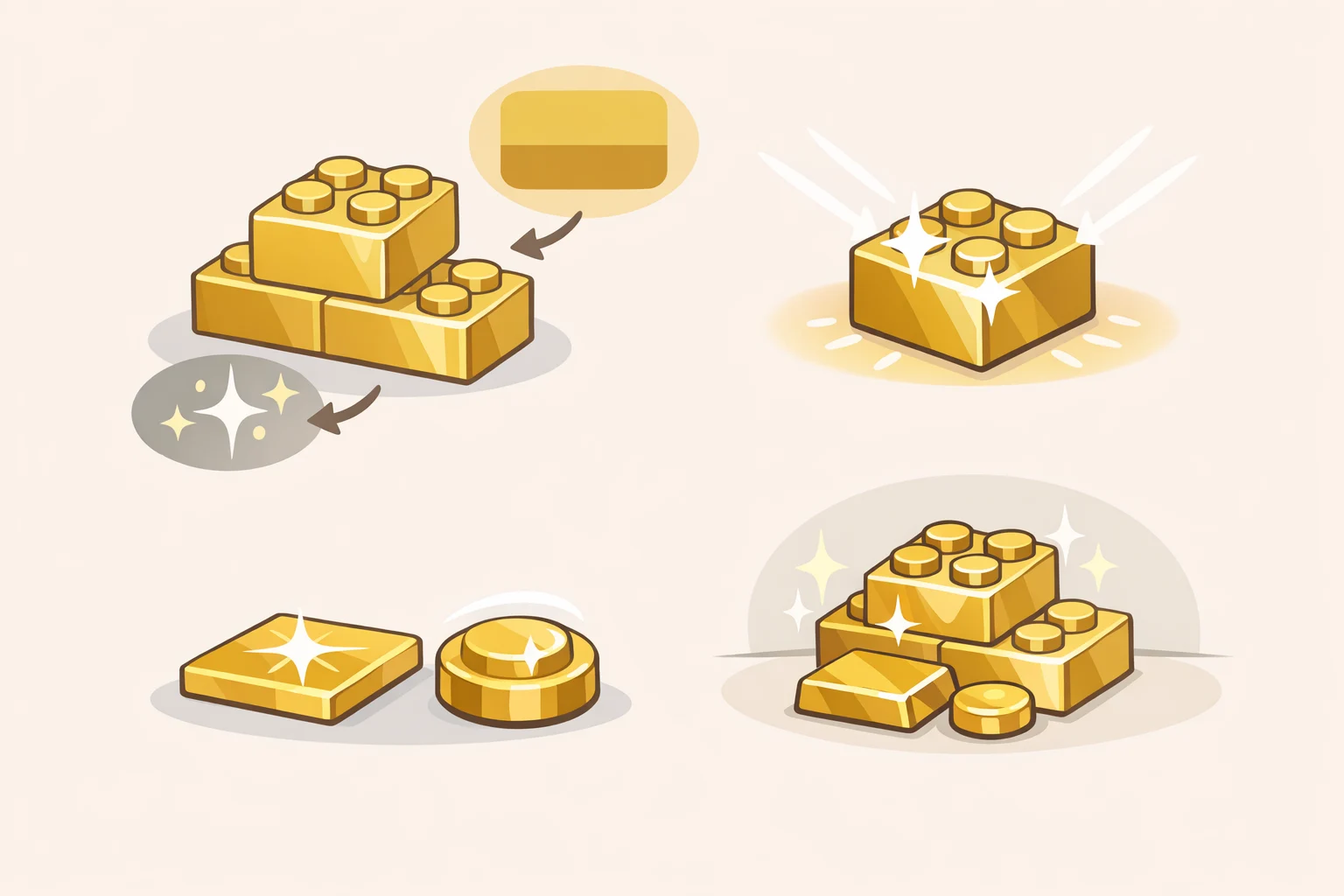 Close-up comparison of LEGO pieces designed to mimic Klimt's gold-leaf shimmer, showing reflective elements used to approximate metallic tones in LEGO Art 31221