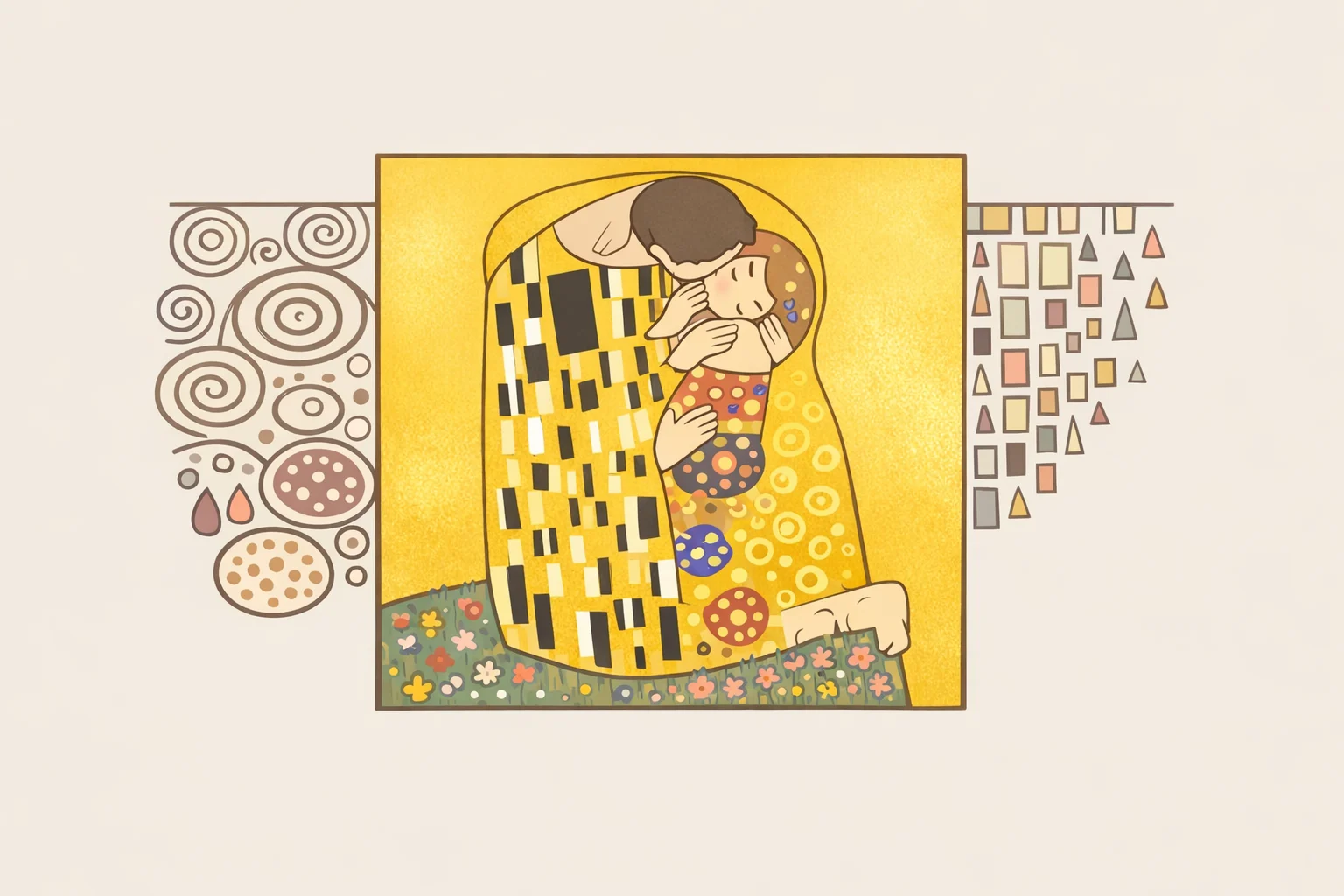 Top-down style diagram of Gustav Klimt's The Kiss showing the square composition, flat gold background, and dense geometric patterns that LEGO must translate into bricks