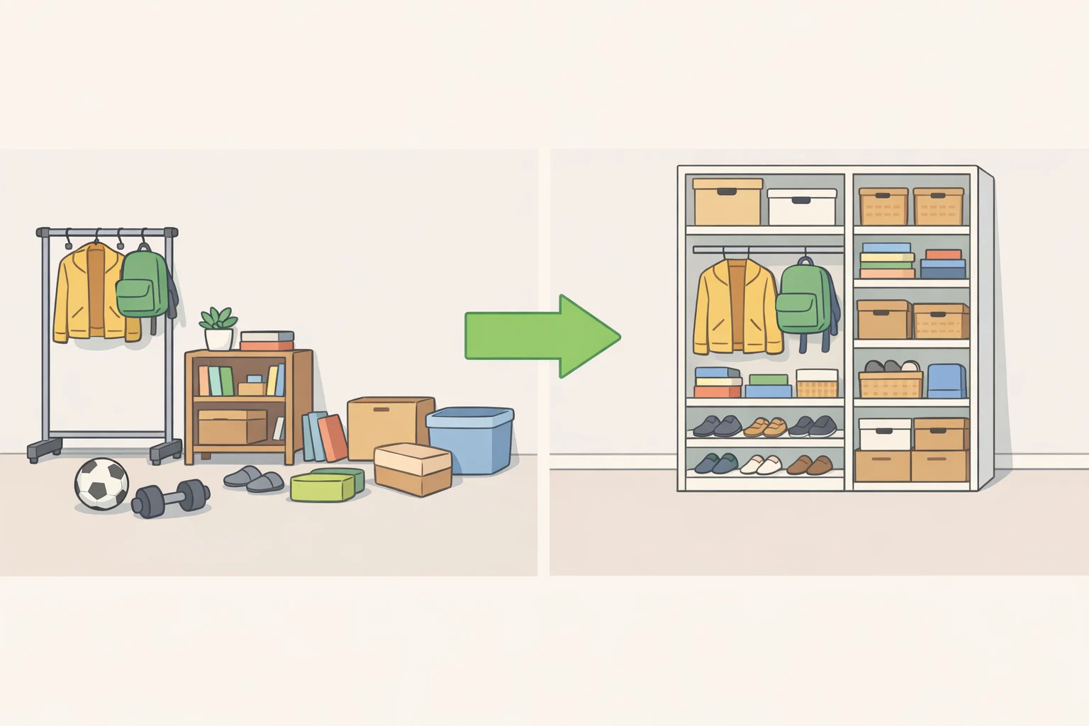 Plan view of a studio showing multiple scattered floor-level storage pieces replaced by a single floor-to-ceiling storage wall to help with how to fit a dining table in a small apartment