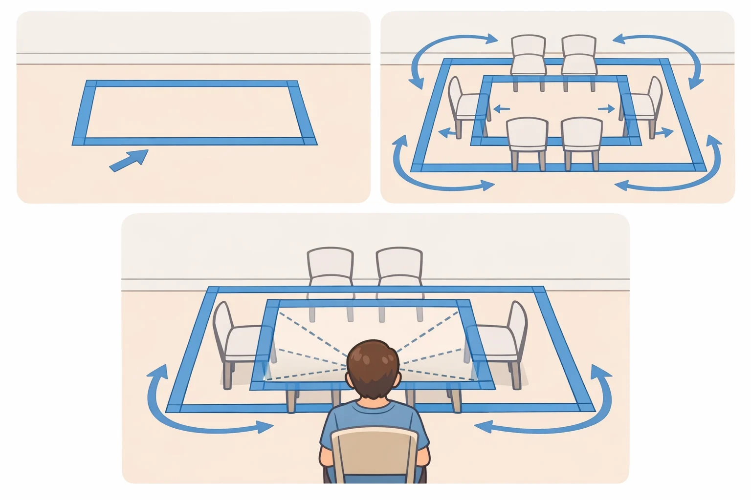 Overhead view of taped dining-table footprint on a small apartment floor with marked chair pull-out clearance and a walking path around the perimeter