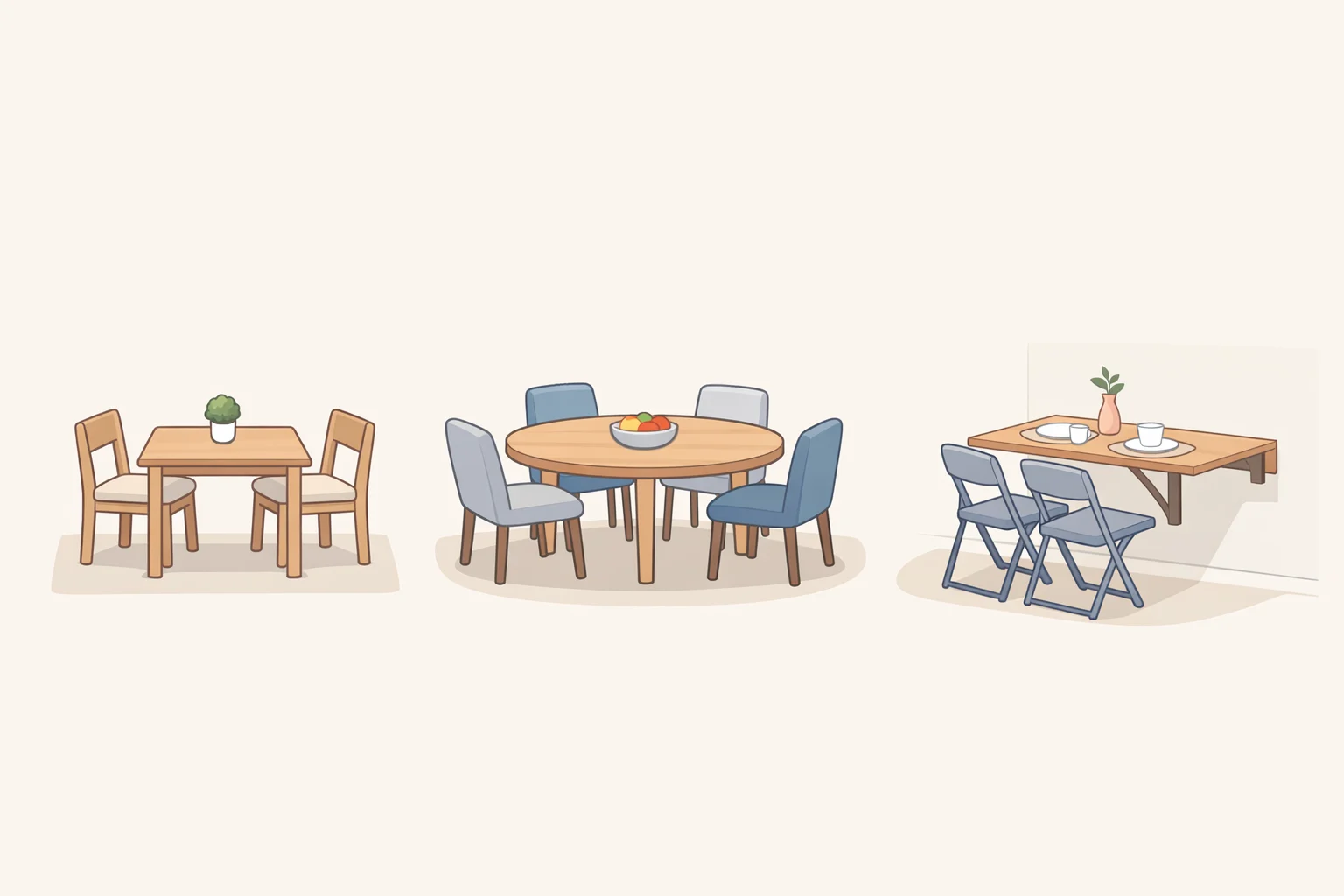 Three small-apartment dining layouts showing Tier 1 fixed table for two, Tier 2 extendable/narrow table for four guests, and Tier 3 a wall-mounted fold-down surface that disappears between meals