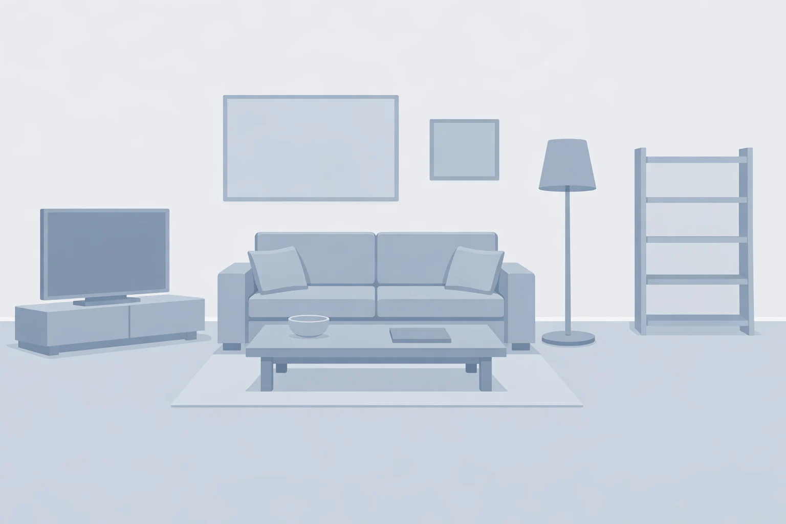Photo-style illustration of a staged living room with flat cool gray walls, trim, and furniture to highlight the "cold minimalism" look associated with outdated paint colors