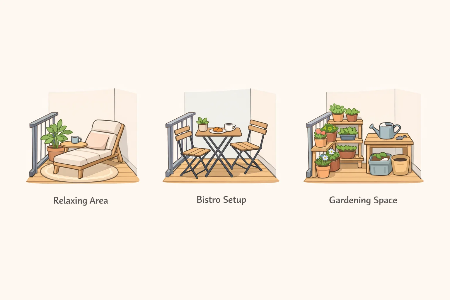 Three-panel illustration showing (1) a single-seat reading corner, (2) a railing plant display zone, and (3) a storage bench functional zone in a narrow balcony section