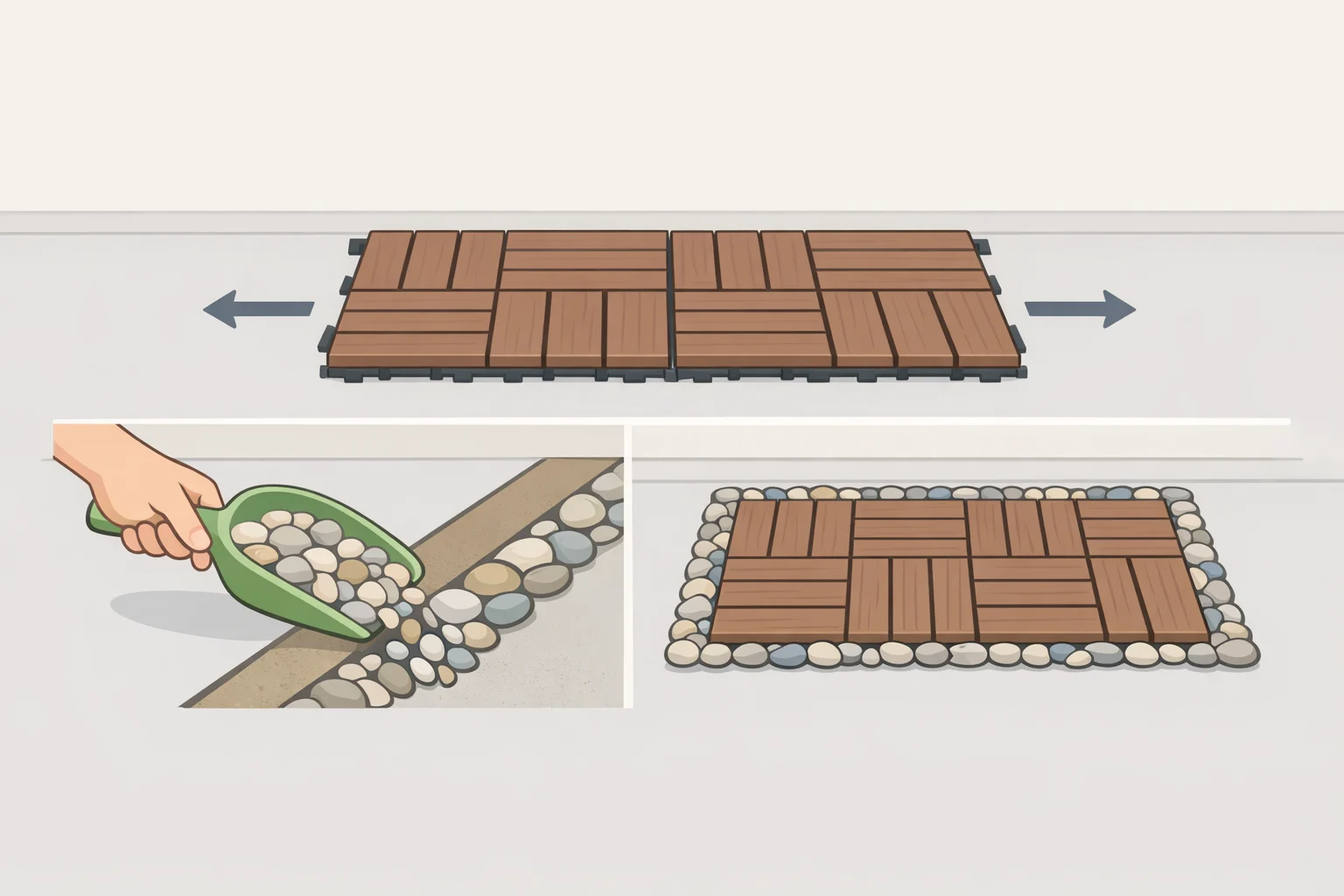 Close-up photo of click-together IKEA RUNNEN decking tiles meeting a wall and railing, with small hardware-store stones placed along the exposed perimeter edge gaps