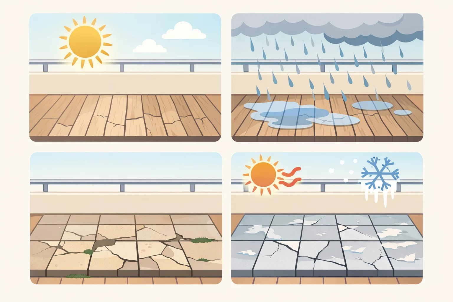 Illustration of a south-facing, uncovered balcony showing intense sunlight and rain exposure on outdoor flooring to emphasize seasonal maintenance needs