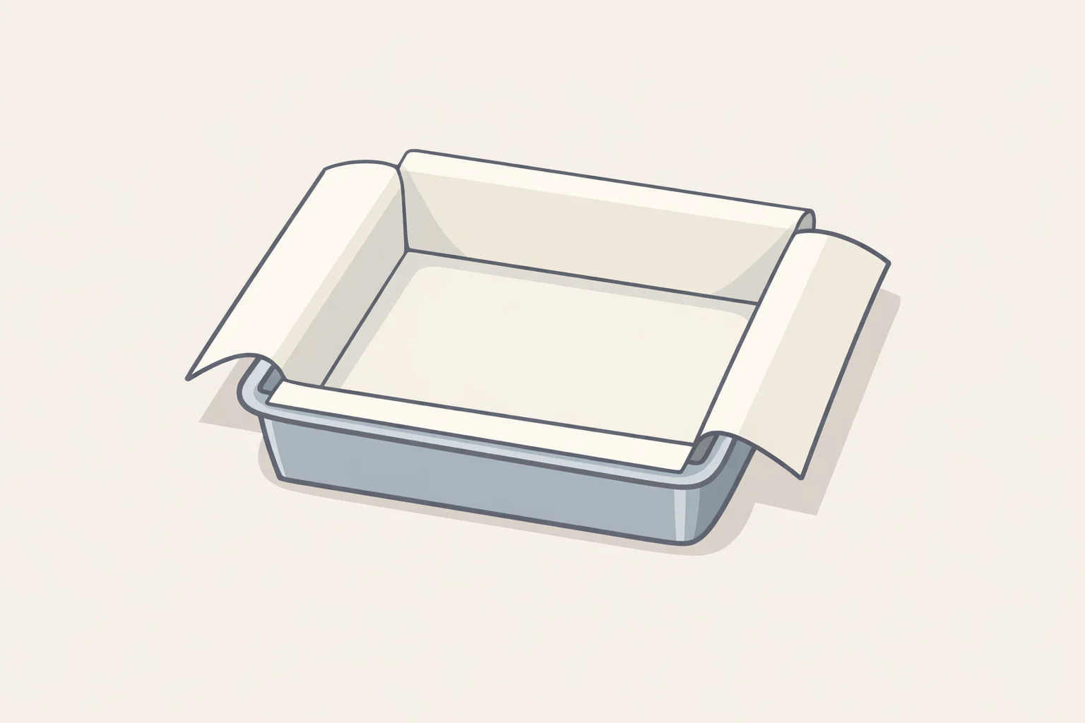 Illustration of an 8×8 baking pan lined with parchment overhang, ready for blueberry sour cream bars recipe