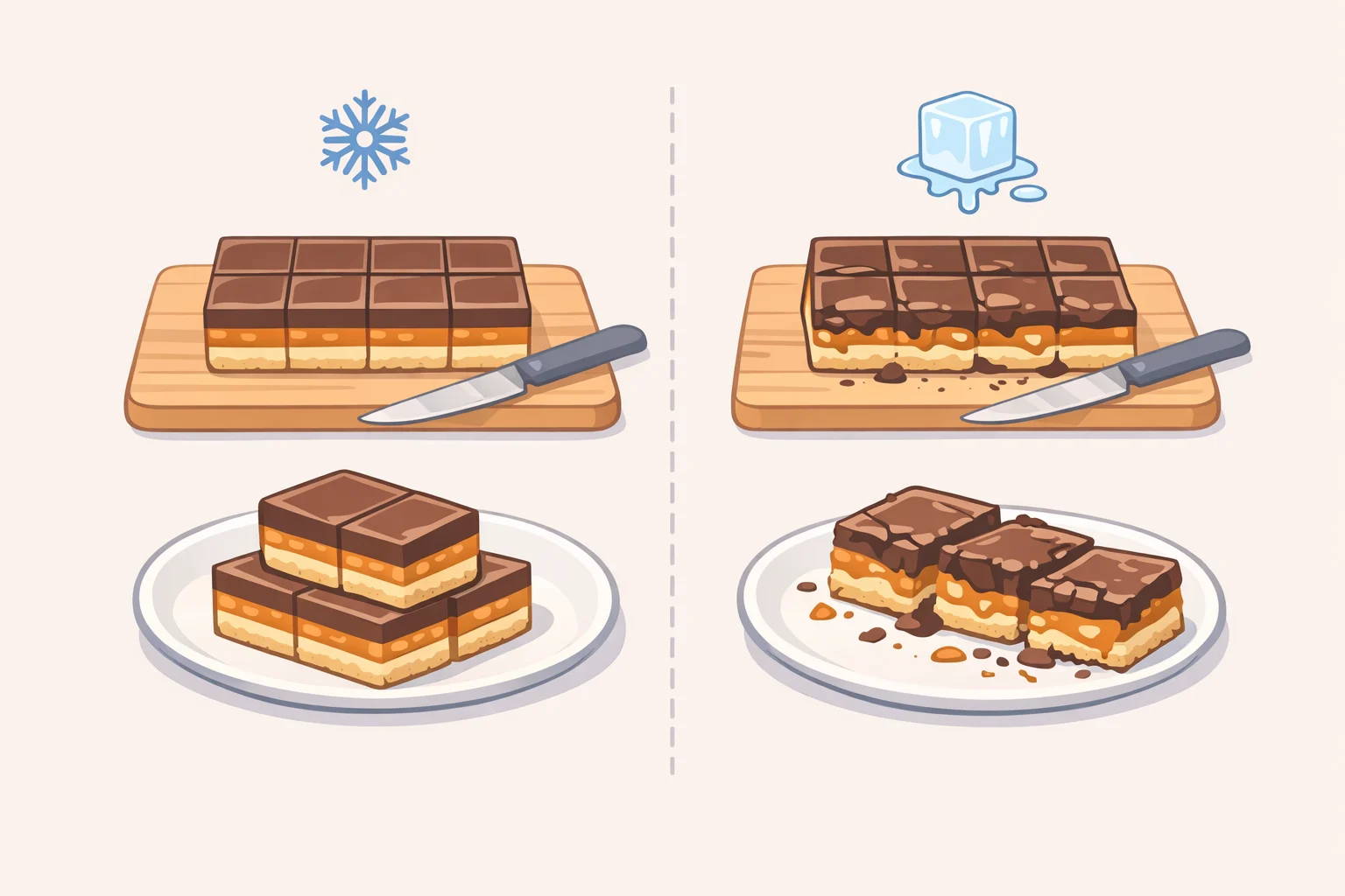 Illustration comparing a clean-edged slice from overnight-chilled blueberry sour cream bars versus crumbly bars cut after only a short chilling time