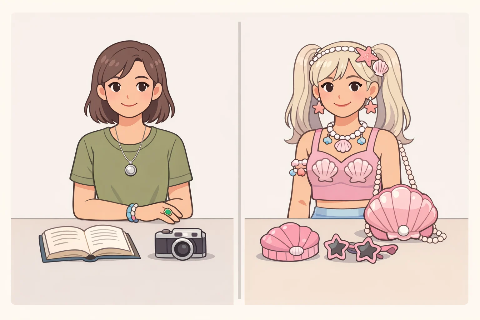 Illustration comparing a kitchen with a few meaningful worn objects to one assembled from a matching grandmacore shopping list to show the risk of over-theming