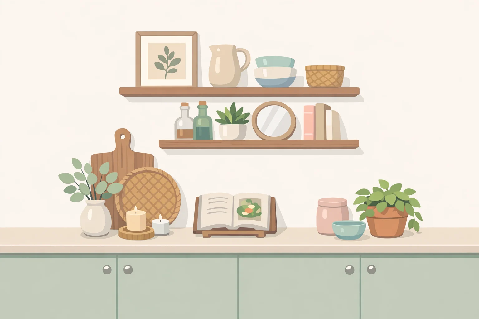 Renter-friendly grandmacore kitchen setup with a vintage floor mat near the sink, a warm-toned lamp on the counter, and a small ceramic collection on open shelving