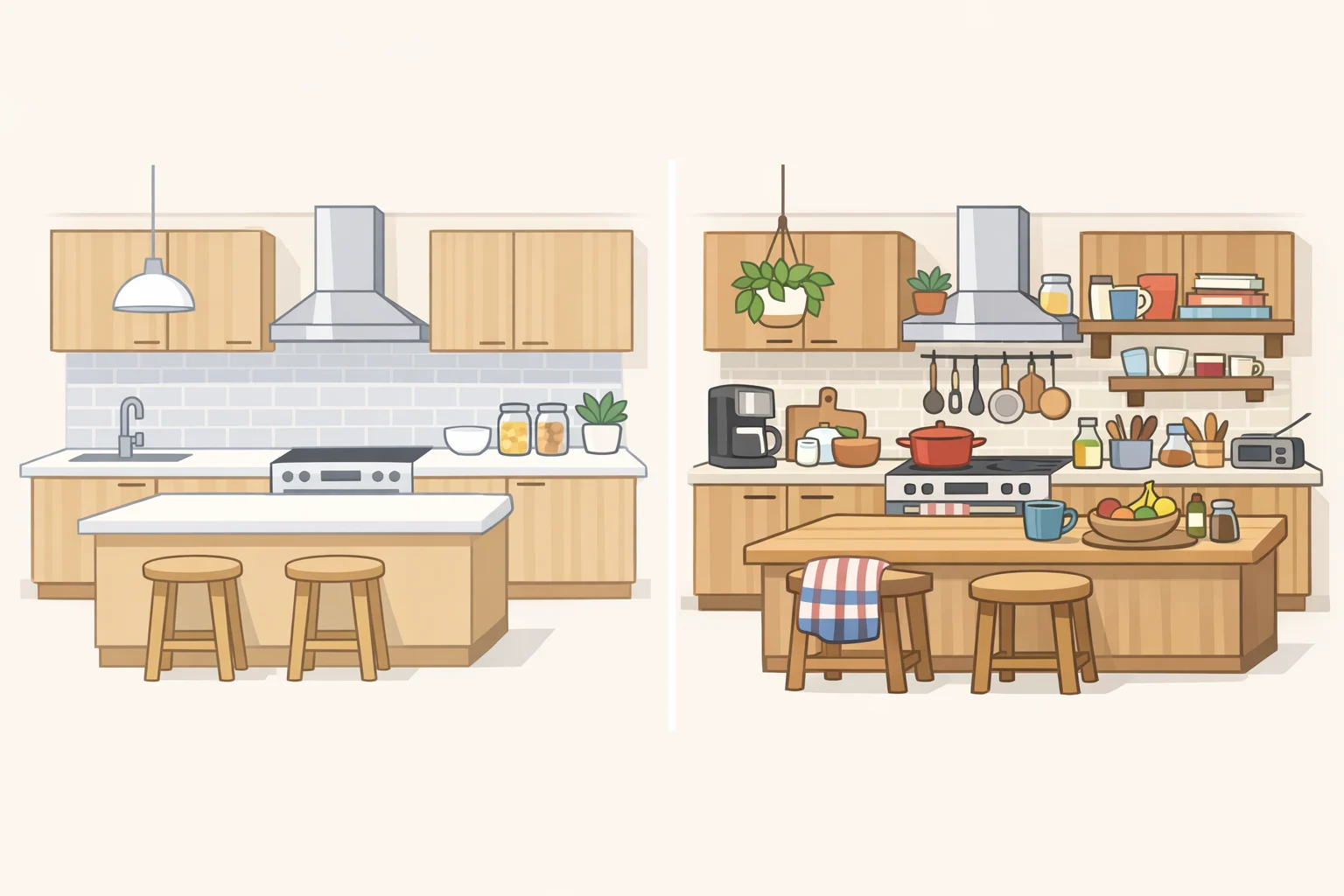 Before-and-after style comparison showing how the grandmacore kitchen trend shifts a sanitized showroom look into a lived-in, personalized kitchen