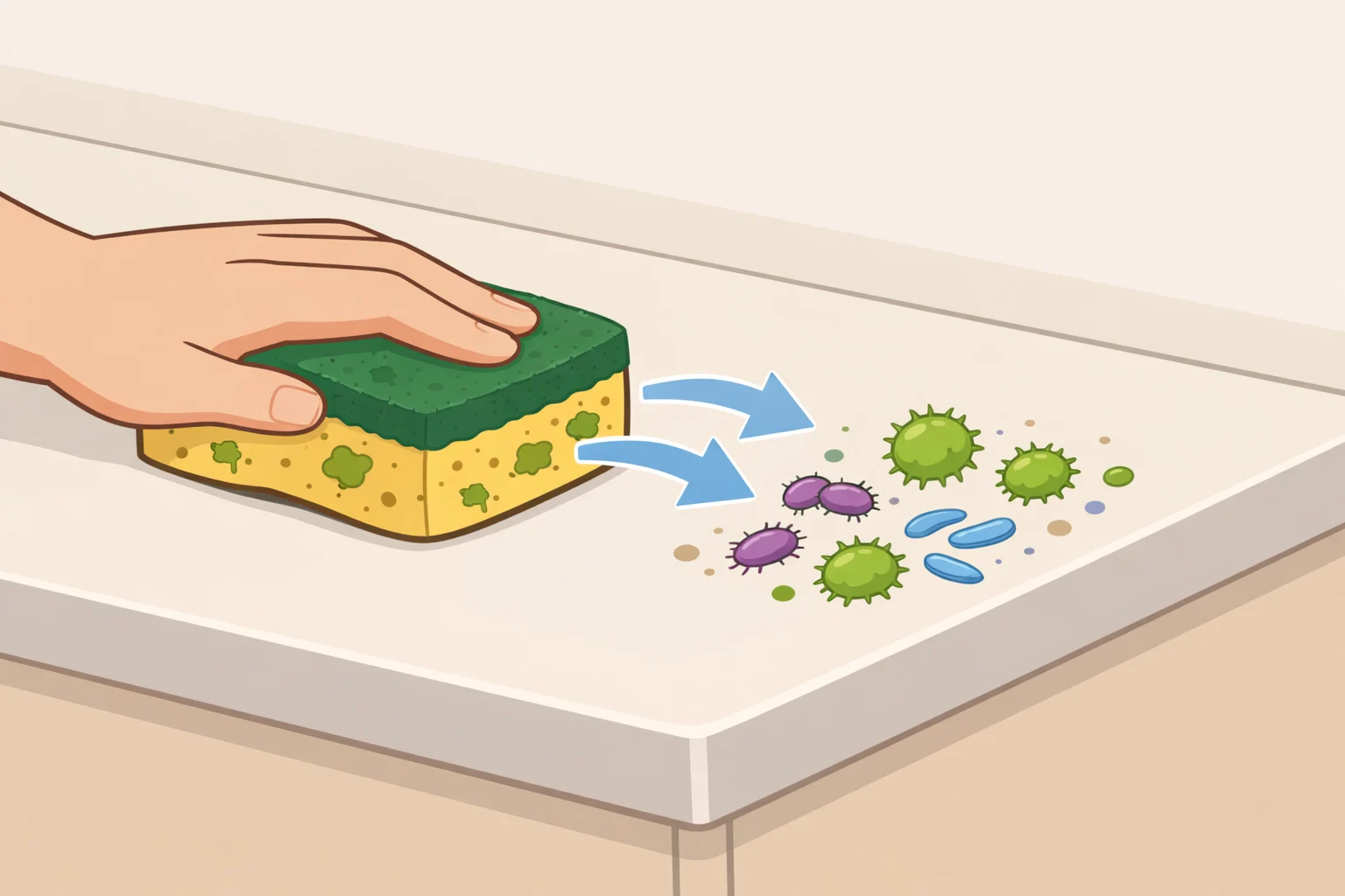 Diagram of a sponge touching a dry counter and transferring bacteria via wiping contact, explaining how a sink-side tray for kitchen sink use helps contain drips but does not sanitize sponges