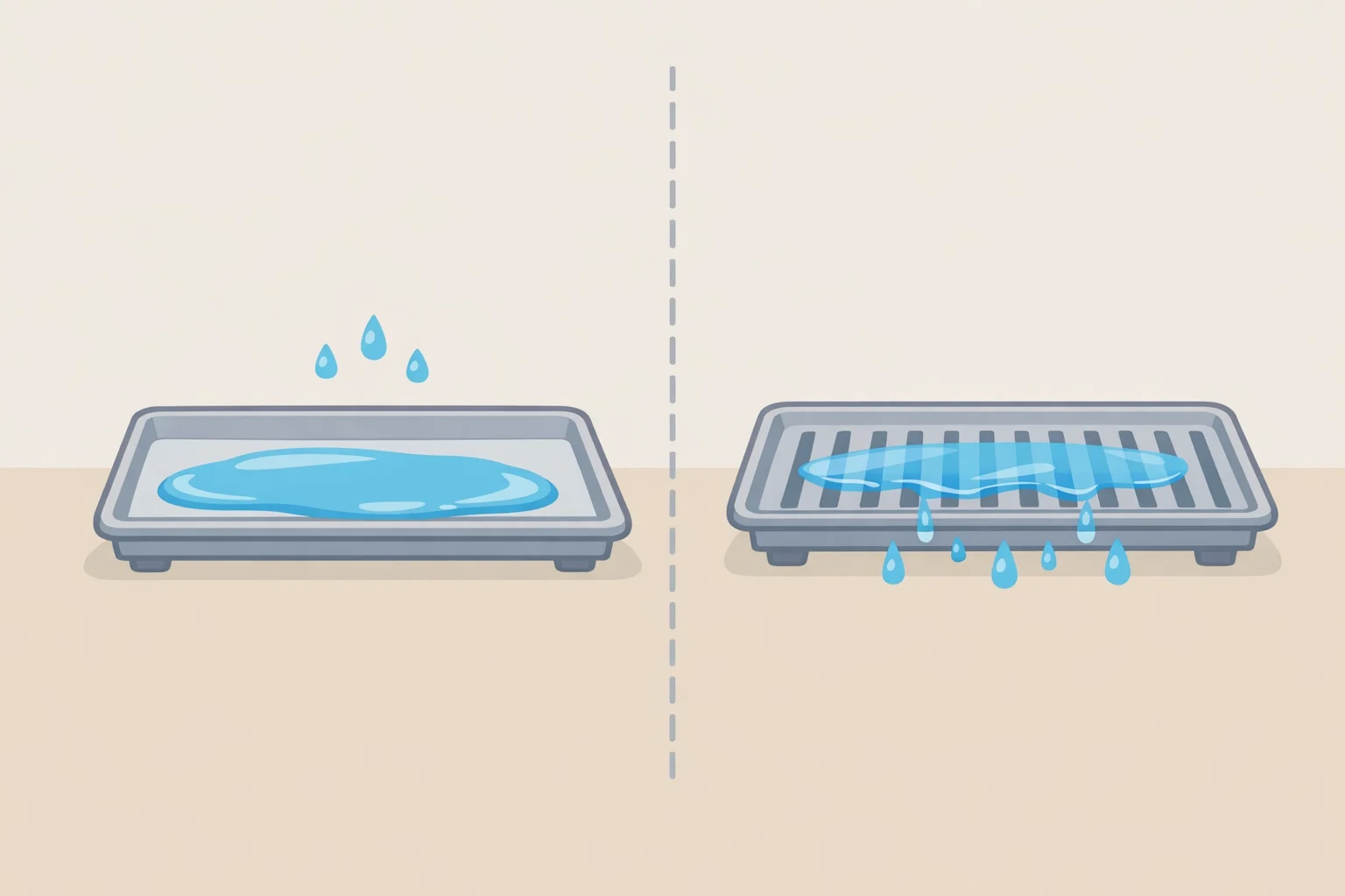 Comparison illustration of a solid-bottom sink caddy tray holding standing water versus a slatted/raised-bottom tray letting water drain away for faster drying