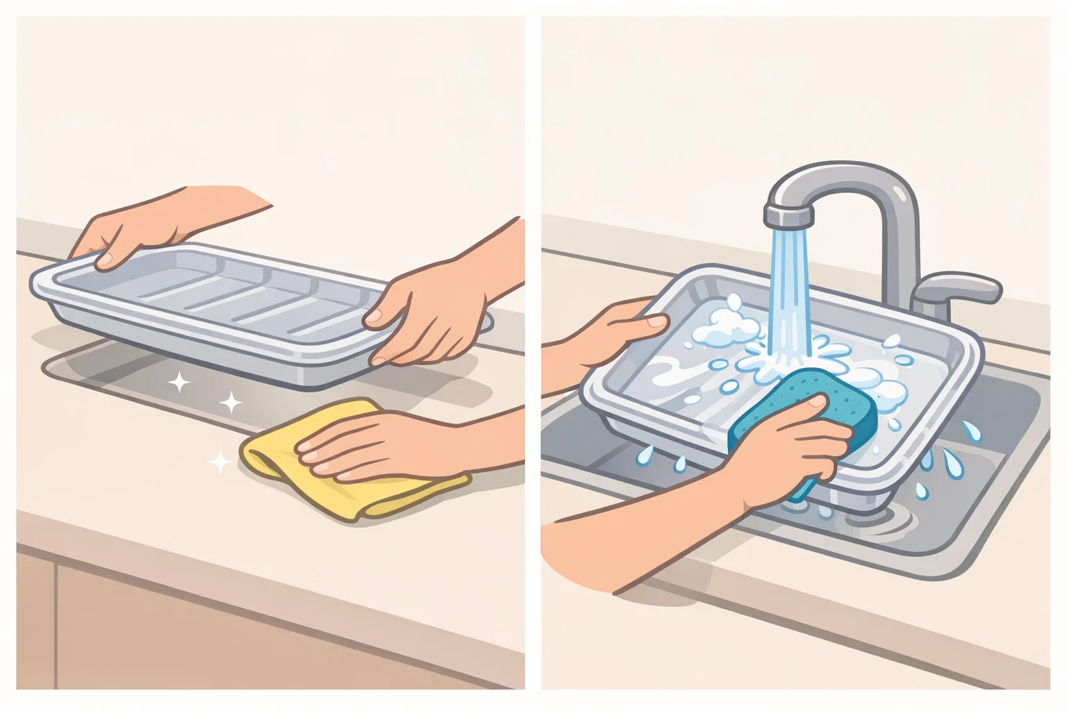 Illustration of a person lifting a sink caddy tray, wiping the counter beneath it, and rinsing the tray under warm water for weekly maintenance