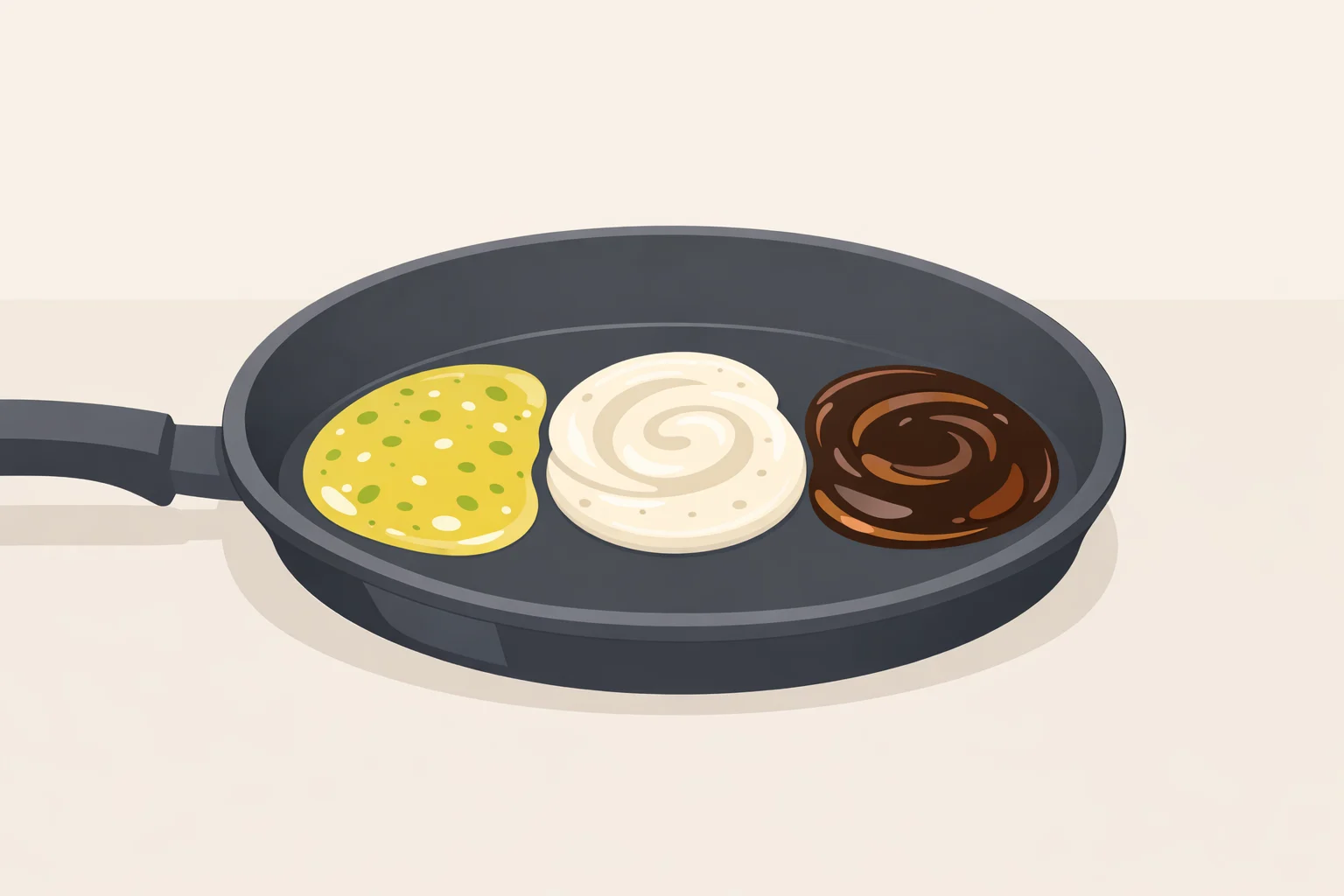 Illustration of a chicken and zucchini skillet with three different saucesclassic garlic butter, creamy garlic, and honey-soy garlicadded after the garlic becomes fragrant
