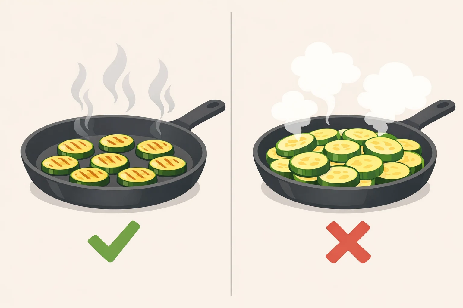 Illustration comparing zucchini cooked in a single layer for browning versus zucchini crowded in the pan causing steam and a gray puddle