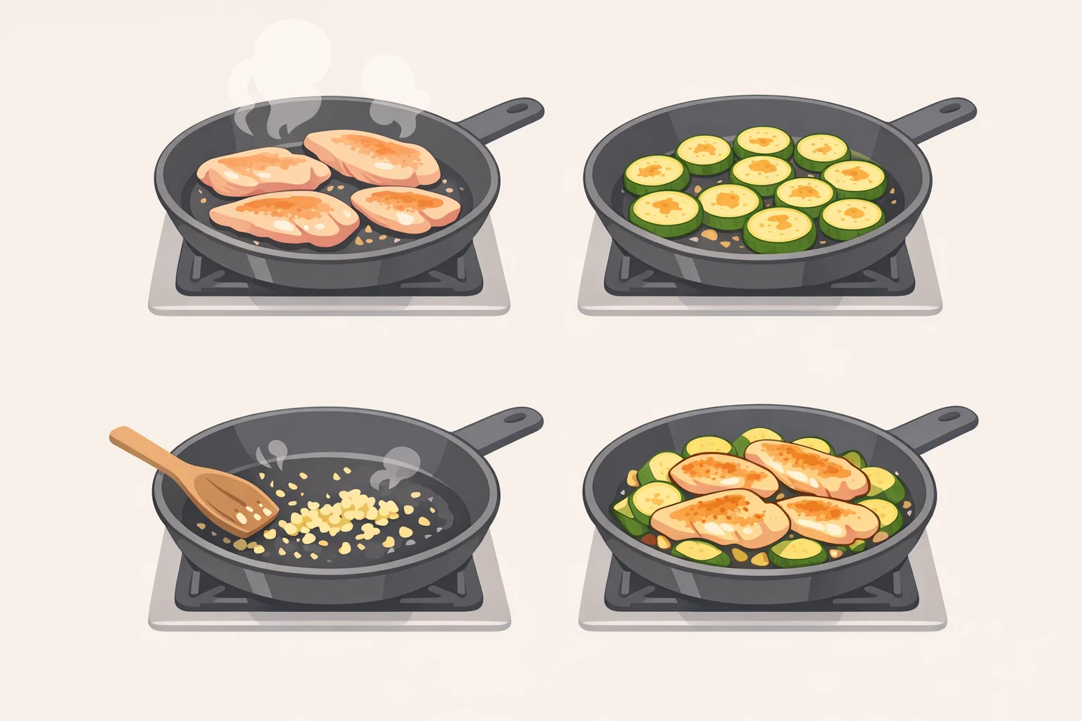 Step-by-step skillet diagram showing chicken seared first, zucchini browned undisturbed, garlic sizzling in butter sauce base, then chicken returned and cooked through