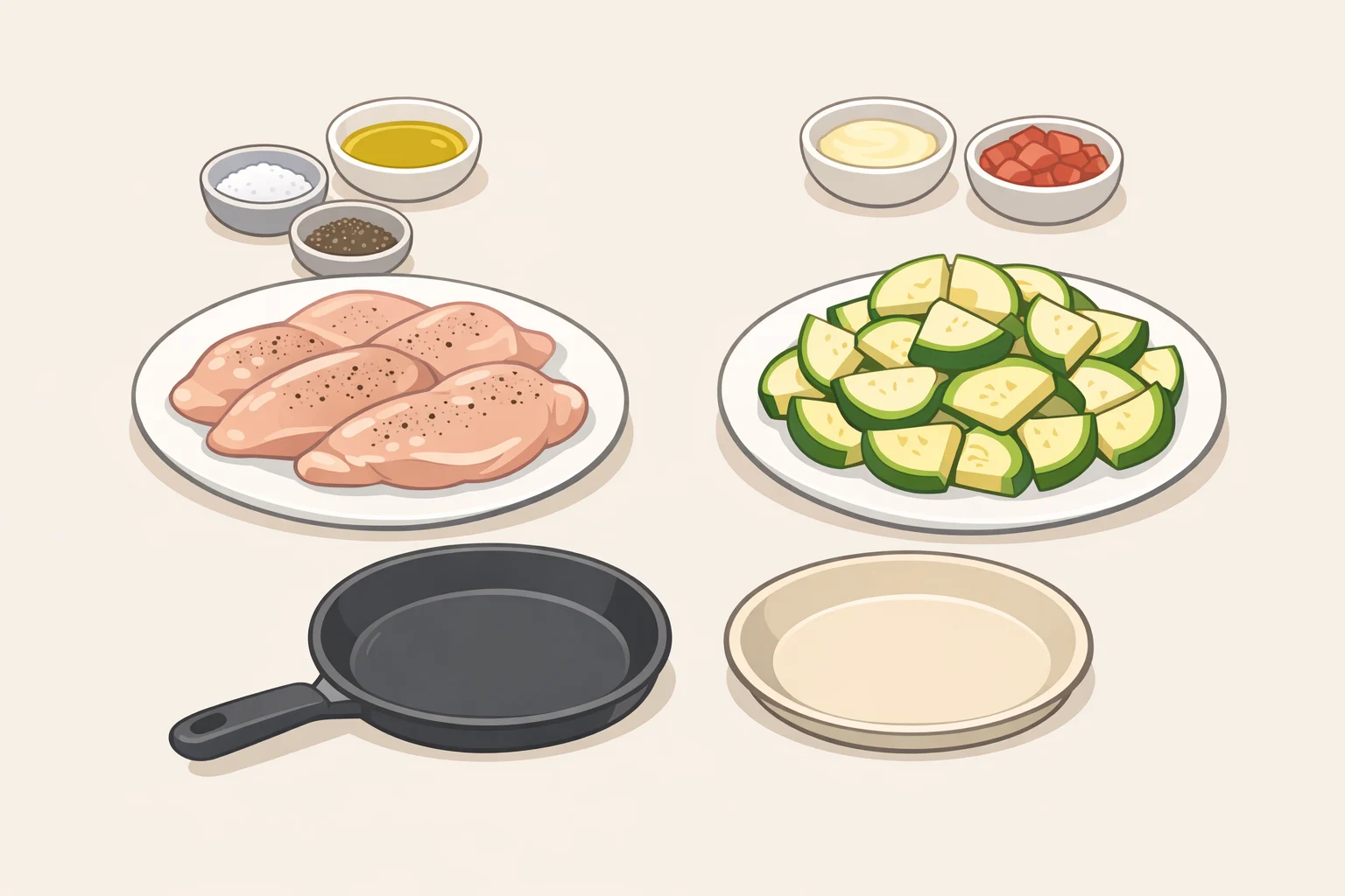Illustration of pat-dried chicken pieces, quartered zucchini cut into 1/2-inch wedges, and minced garlic laid out for one-pan garlic butter chicken and zucchini